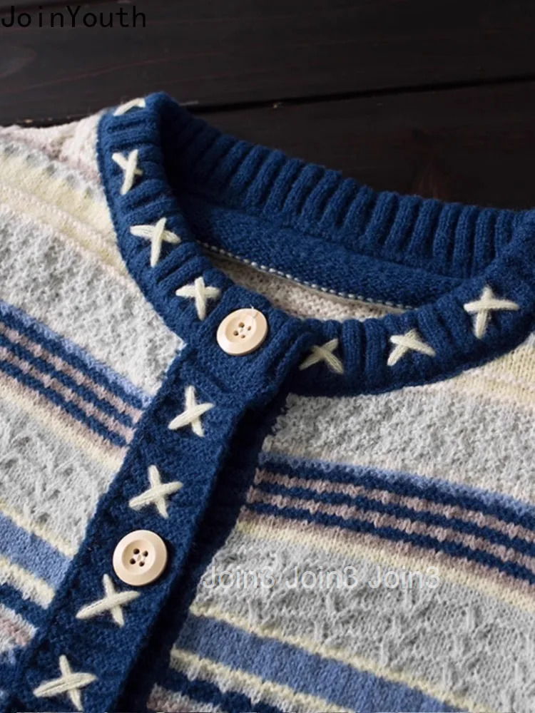 Knitwear Women Cardigan Jackets Pull Femme O-neck Vintage Fashion Striped Knitted Sweater Tops Casual Korean Sueter Mujer 63a526