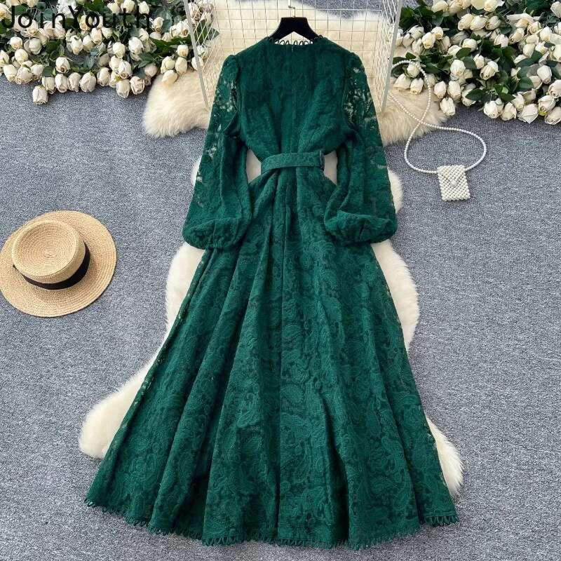Vintage Maxi Dresses for Women Puff Sleeve Lace Hollow Out Robe Femme 2025 Vestidos De Mujer A-line Temperament Summer Dress