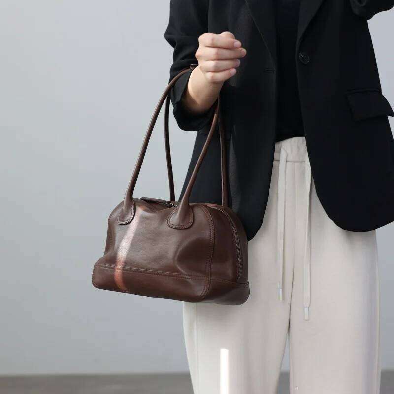Women's Genuine Leather Vintage Zipper Handbag Small Size Tote Real Cowhide Singel Shoulder Bags