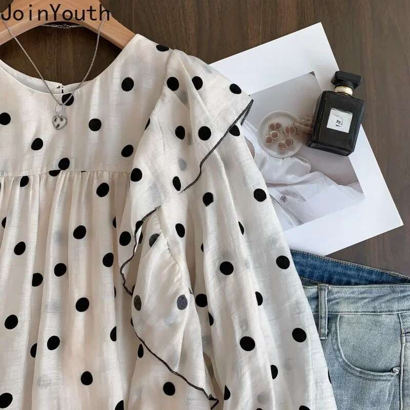 Polka Dot Blouses for Women O-neck Long Sleeve Loose Shirts 2025 Blusas Mujer De Moda Fashion Sweet Ruffles Summer Blouse Tops