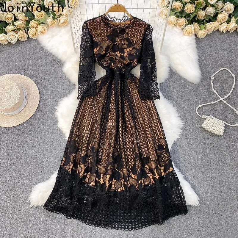 Womens Clothing Elegant Dresses Lace Patchwork O-neck Robe Femme Slim Waist Vintage Hollow Out Dress 2025 Vestidos De Mujer