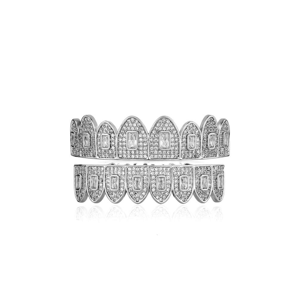 High-Quality Full Hip-Hop Set Real Plated Large Square Zircon Personality Gold Teeth Rap Accessories