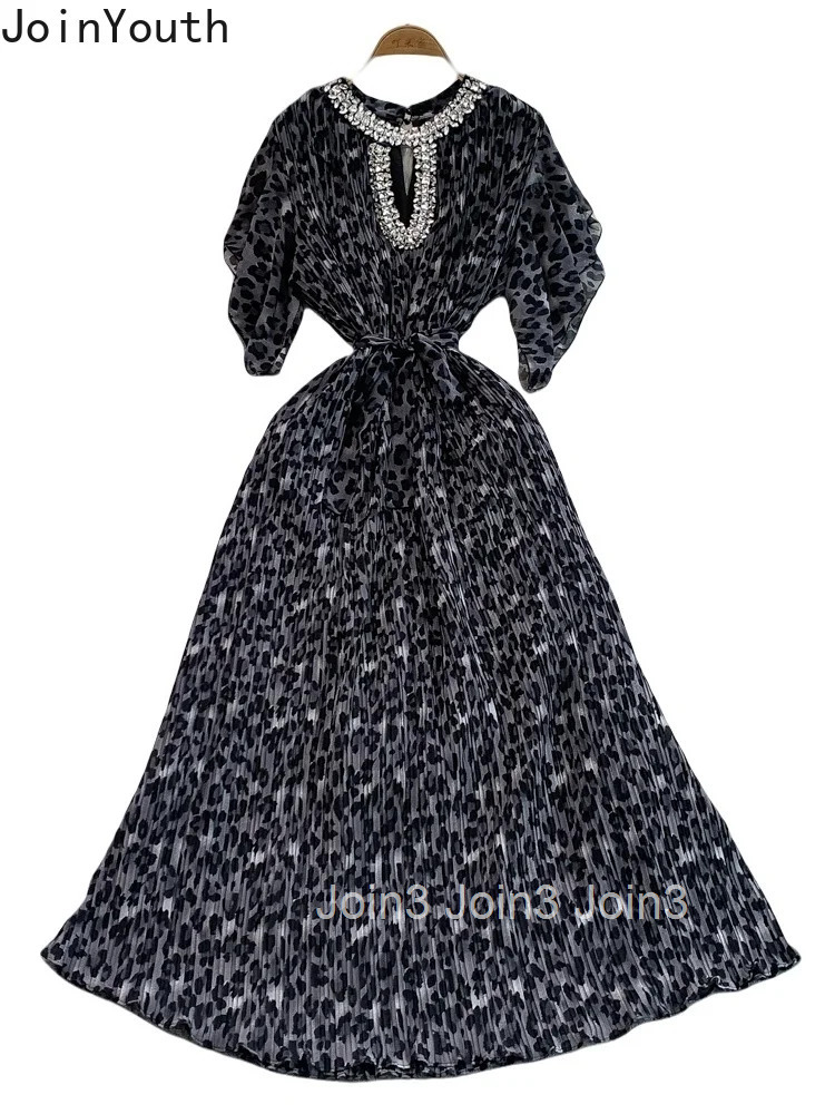 2025 Vestidos De Mujer Sexy Leopard Print Elegant Dress for Women Slim Waist Pleated Robe Femme Diamond O-neck Summer Dresses