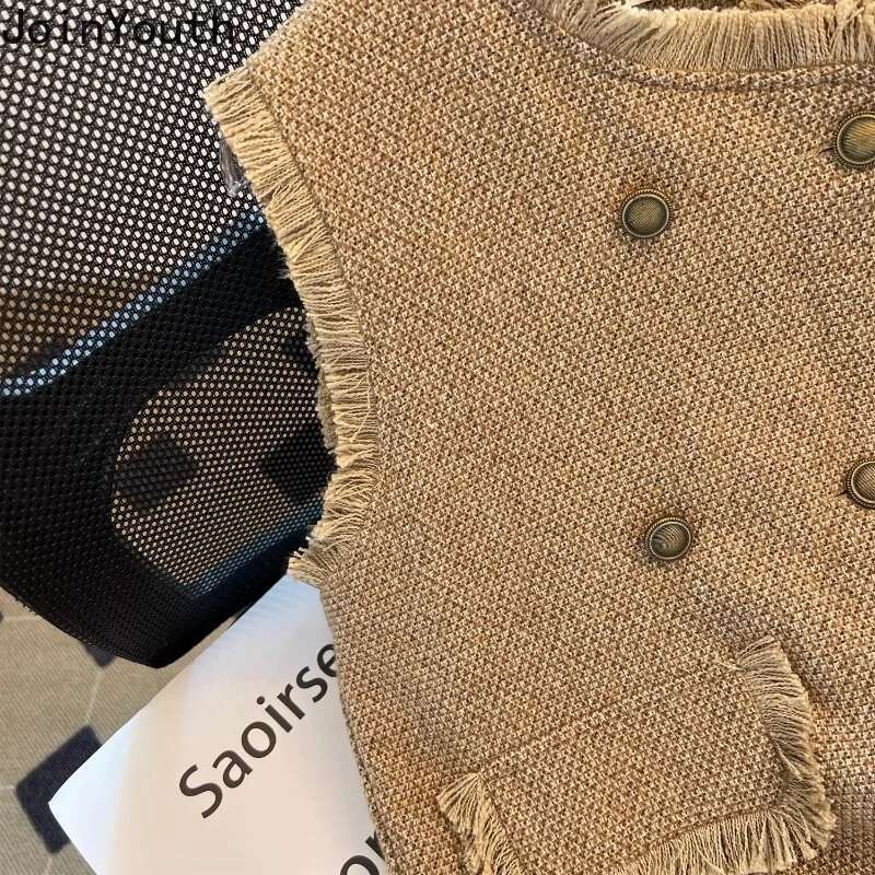 Sleeveless Cardigan Women Vest 2025 Ropa Mujer Double Breasted Vintage Waistcoat Fashion Korean O-neck Tweed Loose Tanks Tops