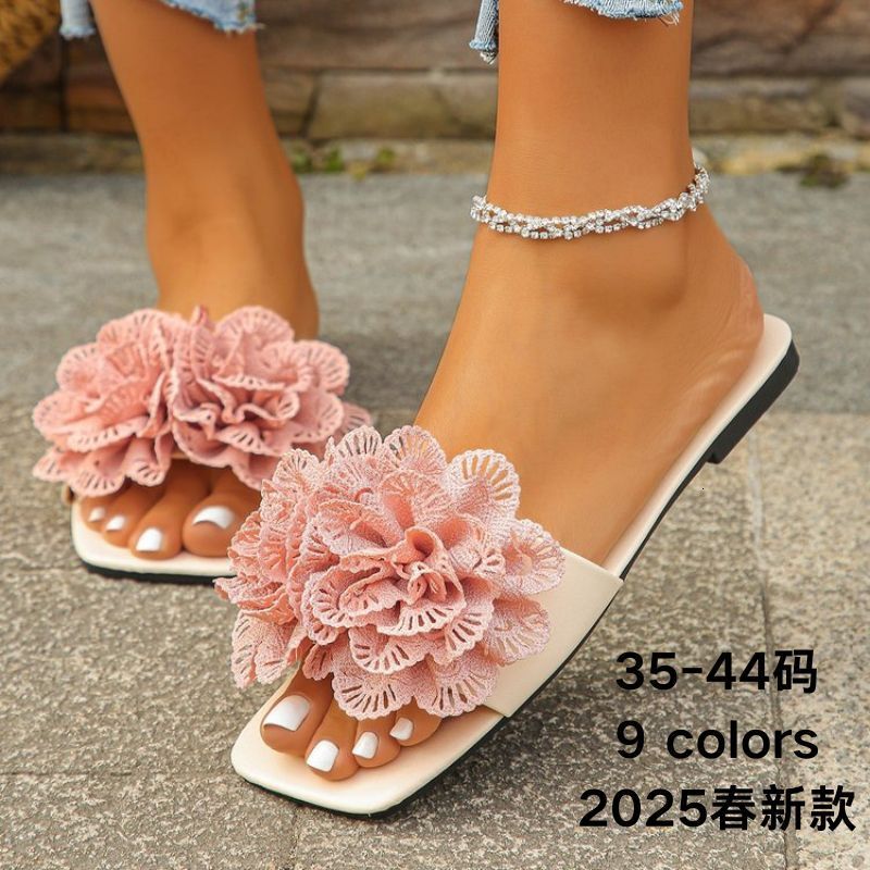 Luxury Brand Designer Shoes Sandals Cross-Border Foreign Trade Women's Slippers 2025 Spring New Fashion Floral One-Strap Casual Flat Beach Sandal