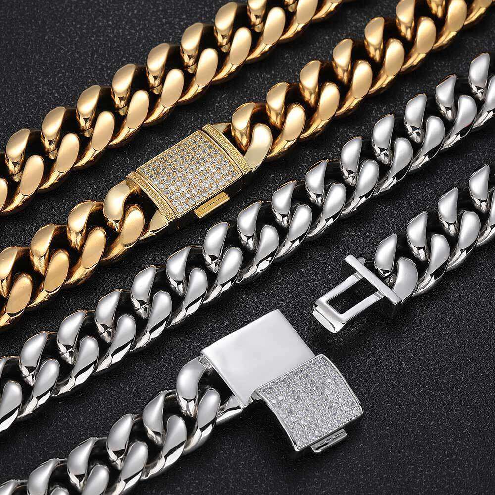 Jewelry Stainless Steel Miami Hip Hop Cuban Chain Zircon Flip Clasp Men's Necklace Bracelet 8c01