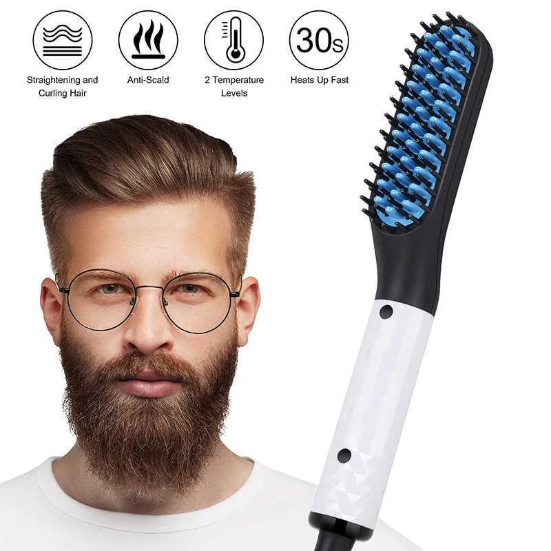 Electric Flat Iron Curler Straightener Comb Hair Beard Straightener Cordless Fast Heating Straightening Brush Machine For MenXJ250621