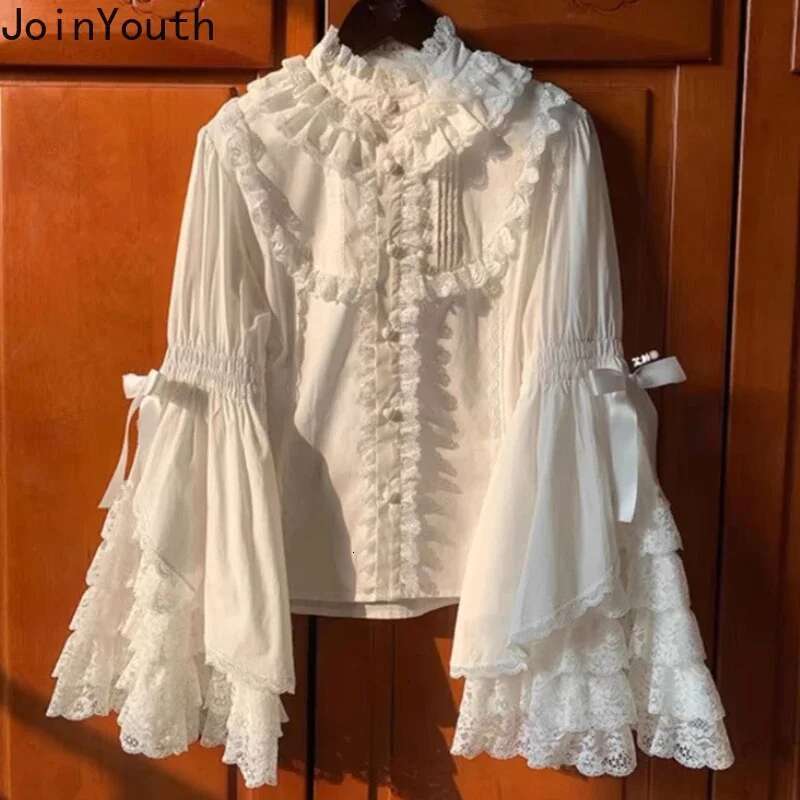 Lolita Style White Blouses Women Clothing Stand Neck Flare Sleeve Sweet Shirts Patchwork Lace Ruffles Tops 2025 Camisas De Mujer