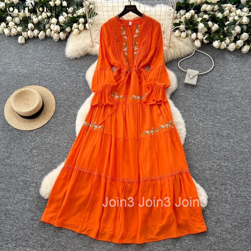 Vintage Dress Women Clothing Slim Waist Patchwork Lace Elegant Robe Femme 2025 Vestidos De Mujer Embroidery Summer Maxi Dresses