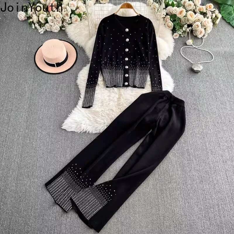 Pants Suit Vintage Two Piece Sets Womens Outfits Diamond Knitted Cardigan Coats High Waist Straight Wide Leg Pants Sets 63b188
