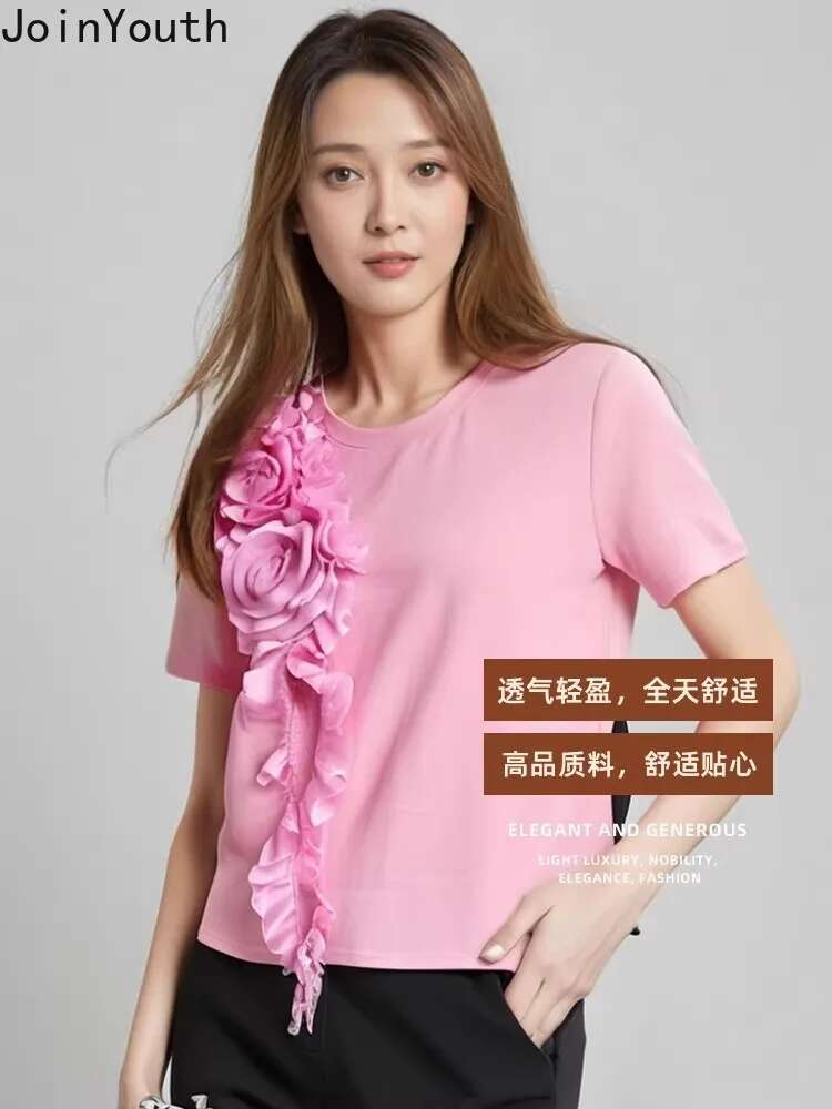2025 Women Clothing Summer T Shirts 3D Floral Sweet Camisetas Ropa Mujer Short Sleeve O-neck Tees Loose Chic White T-shirt Tops