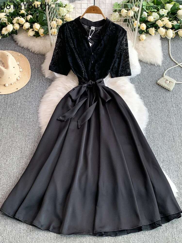 2025 Vestidos De Mujer Summer Dresses Womens Clothing V-neck Bandage Slim Waist A-line Robe Femme Patchwork Lace Vintage Dress