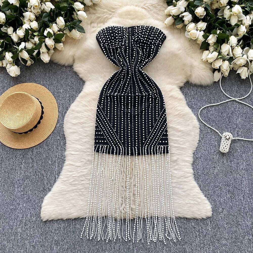 Chic Elegant Tassel Beading Korean Fashion Fairy Sexy High Waist Vestidos Summer Vacation Ceremony Dresses