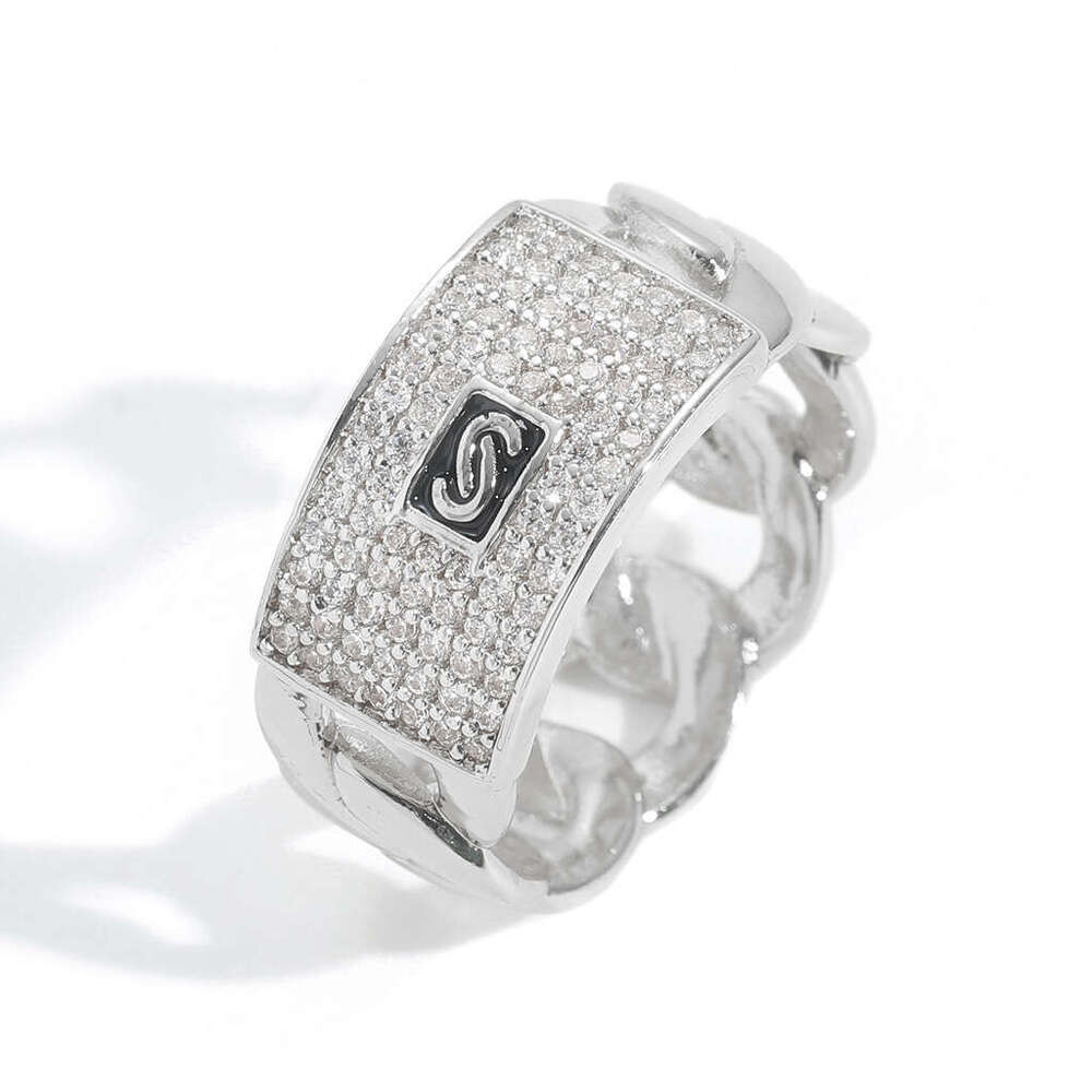 Unique Fashion Hip-Hop Geometric Zircon 14K Gold Full Diamond Cuban Chain Design Trendy Ring 7fb1