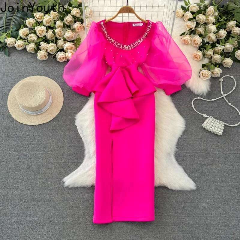 Temperament Robe Femme Party Dresses for Women Gauze Lantern Sleeve Square Collar Beading Split Dress 2025 Vestidos De Mujer