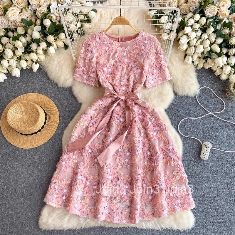 Pink Dresses Womens Clothing Bandage Beading Floral Slim Waist Robe Femme Fashion Summer Elegant Dress 2025 Vestidos De Mujer