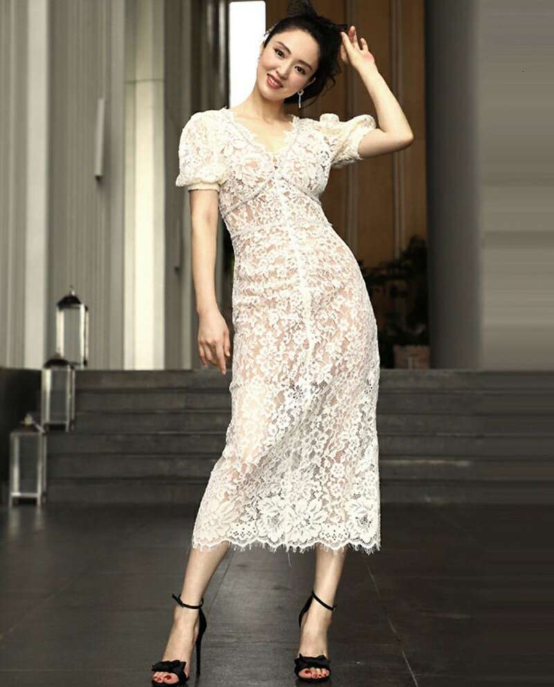White Skirt Maxi Skirt SP Lace V Neck Puff Sleeve Mid Length Dress Pure Original Factory Women S Clothing Long Skirt