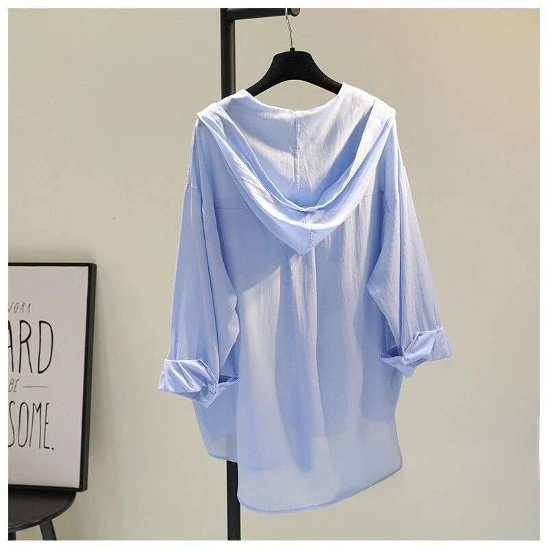 White Hooded Blouses 2025 Womens Clothing Pocket Long Sleeve Casual Oversized Tops Sun Protection Shirt Summer Camisas Mujer