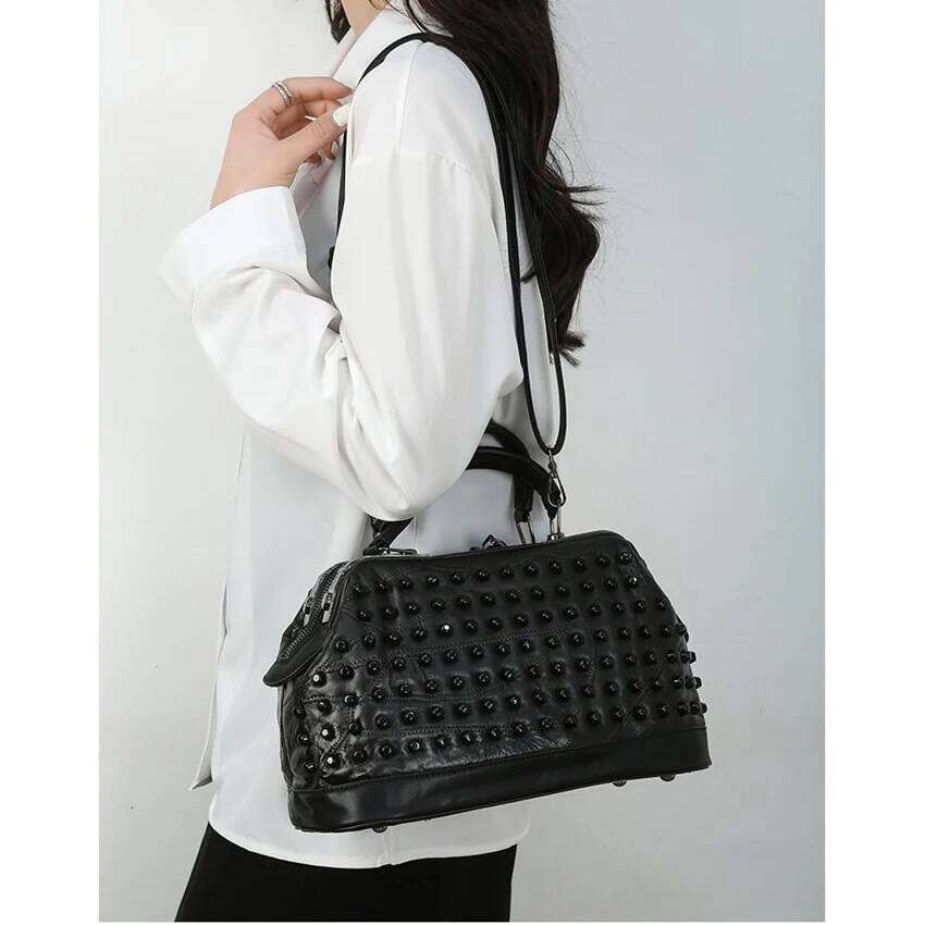Soft Sheepskin For Women Rivet Shoulder Punk Style Travel Crossbody Purse Office High-Quality Handbag Leather Bag