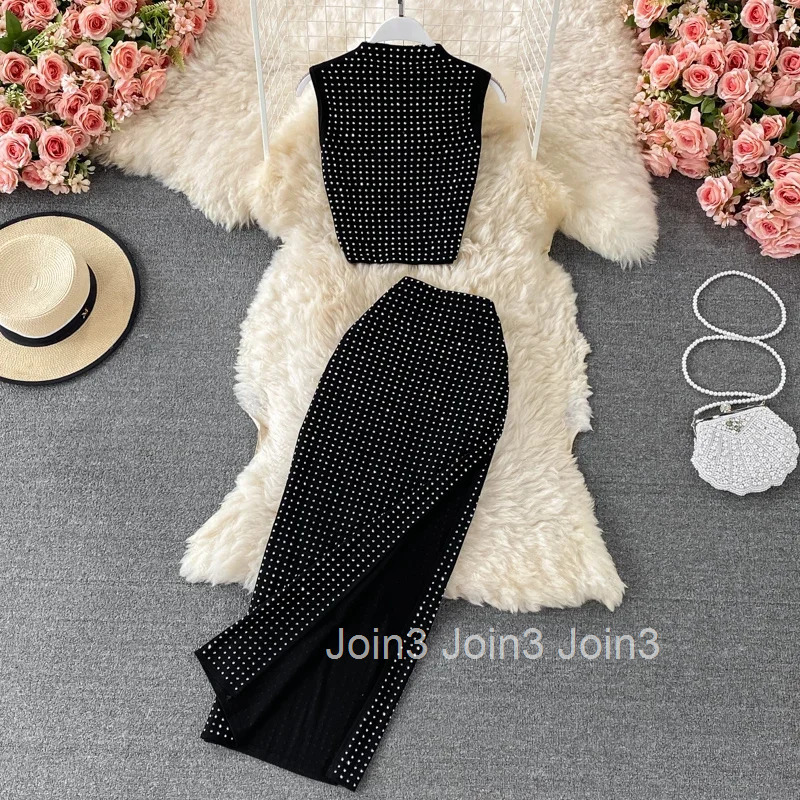 Temperament Two Piece Sets Womens Outifits Sleeveless Crop Tops Split High Waist Bodycon Skirt Suit Diamond Fashion Sexy Clothes