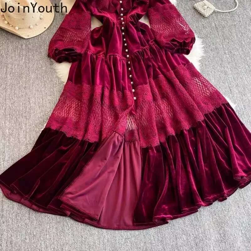 Vintage Woman Dress Stand Neck Single Breasted Patchwork Lace Long Robe Femme 2025 Fashion Ruffles Party Velvet Maxi Dresses