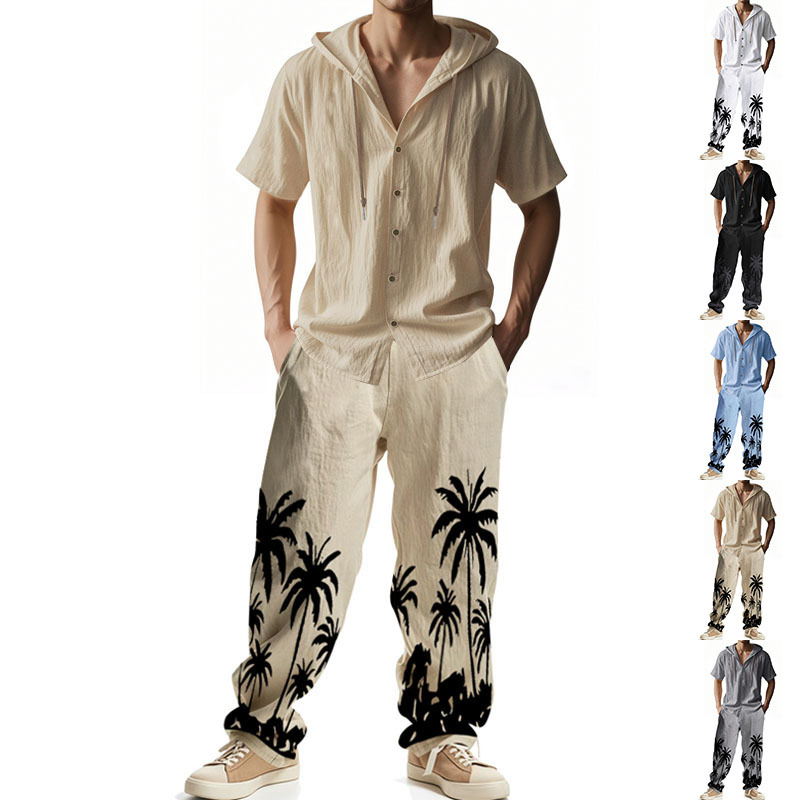 Tracksuit Men's fashion two-piece linen shirt beach pants casual printed hooded short-sleeved shirt and long pants set for men EU Size: S-3XL
