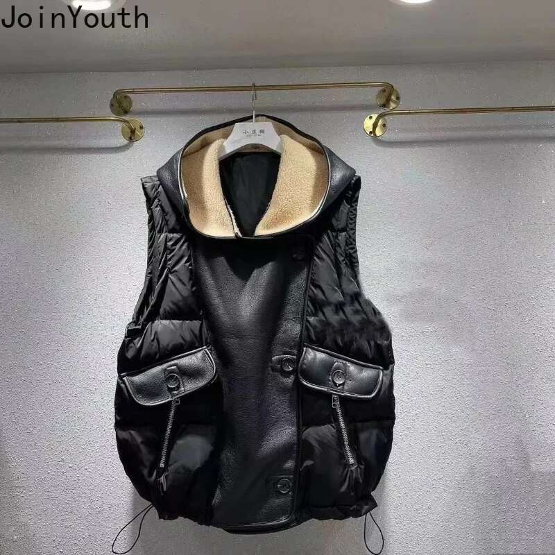Vest Women Streetwear Fashion Sleeveless Cardigan Womens Lamb Wool Patchwork Leather Waistcoat Y2k Tops Chalecos Para Mujer