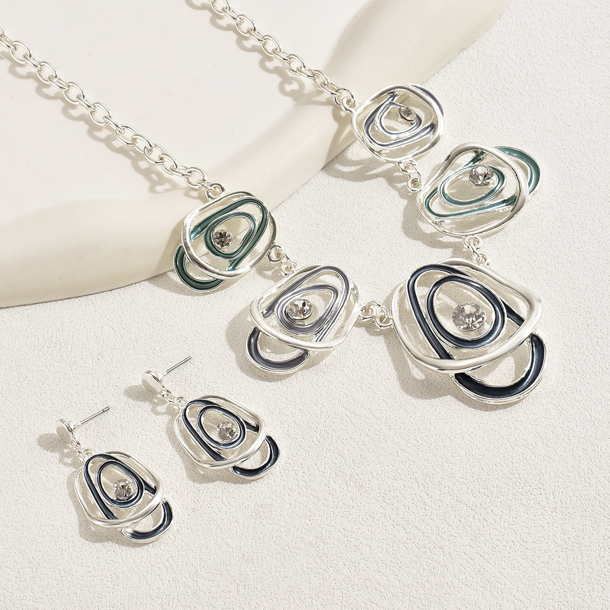 Long Necklace Set Personality Oil Drip Design Inlaid Stud Earrings Light Clavicle Chain