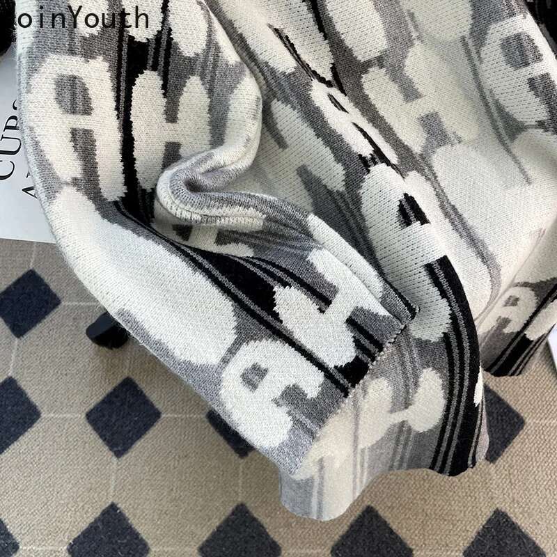 Fashion Striped Sweater Women Sueter Mujer Letter Hooded Jumper Y2k Tops Pull Femme Casual Knitting Oversized Pullovers Coat
