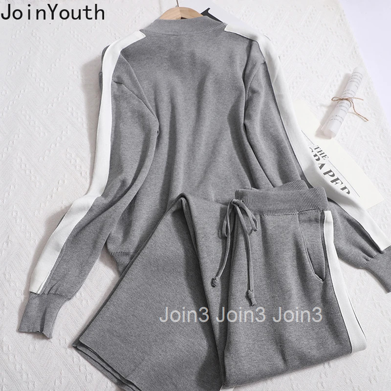 Two Piece Sets Womens Outfits Temperament Knitted Clothing Beading Zipper Cardiagn Straight Wide Leg Pants Outfits Fashion Suit
