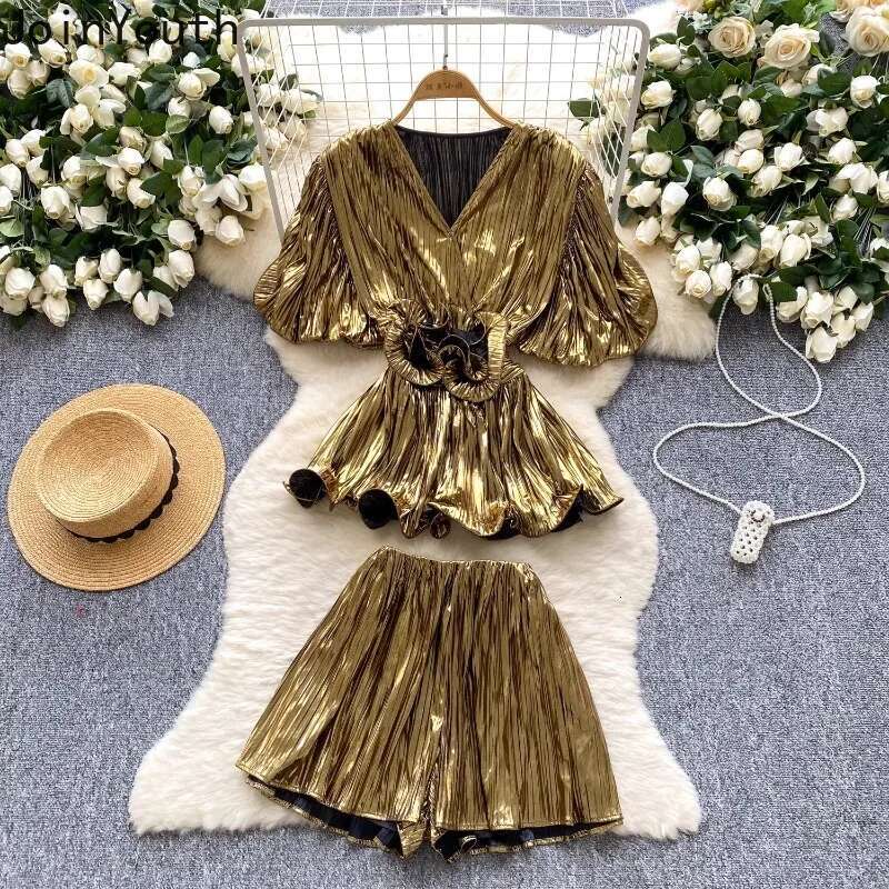 Shorts Suit Chic 2 Piece Sets Womens Outfits Slim Waist Puff Sleeve V-neck Shirts High Waist Wide Leg Shorts Set Roupas Femme