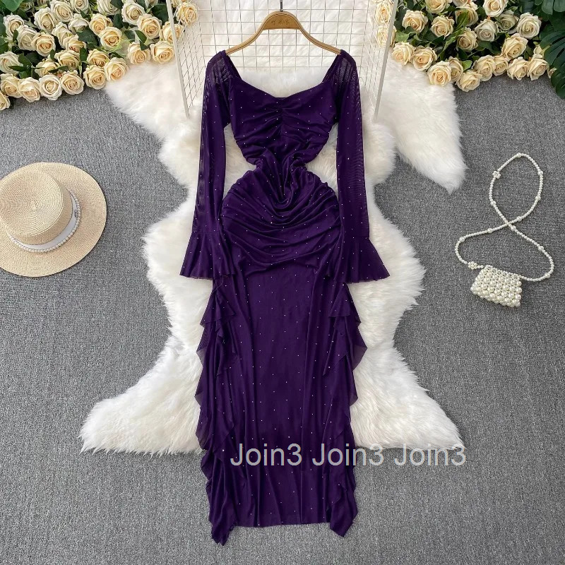 2025 Vestidos De Mujer Flare Sleeve Square Collar Dress Women Tunic Folds Temperament Robe Femme Ruffles Summer Maxi Dresses