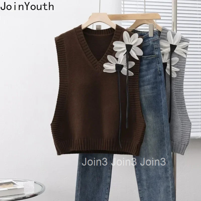 2025 Ropa Mujer Knitted Vest Sweater for Womens V-neck 3D Floral Sleeveless Waistcoat Crop Tops Casual Vintage Fashion Tanks