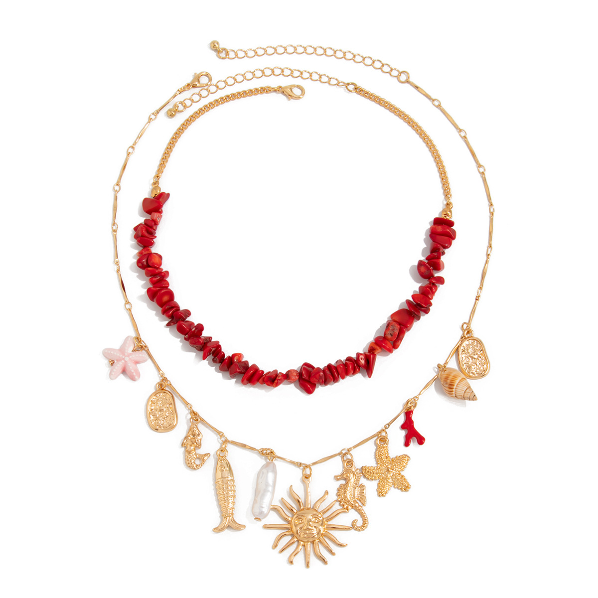 European and American Style Vacation Inspired Alloy Pendant Necklace with Sunflower and Starfish Baroque -Style Imitation Turquoise Beads for Women
