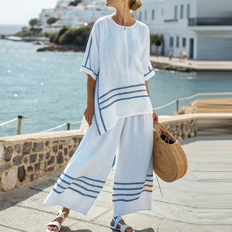 Holiday Elegant Pocket Wide Leg Pants Outfits Ladies Commuting Loose Two Piece Sets Striped Printed T-shirt Casual Womens Suit 250617