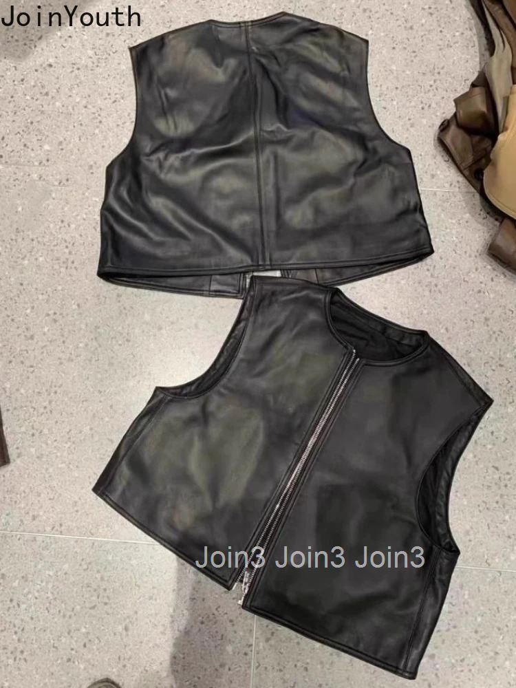 Sleeveless Vest Cardigan Women Clothing O-neck Zipper Leather Waistcoat 2025 Ropa Mujer Fashion Black PU Tanks Vintage Crop Top