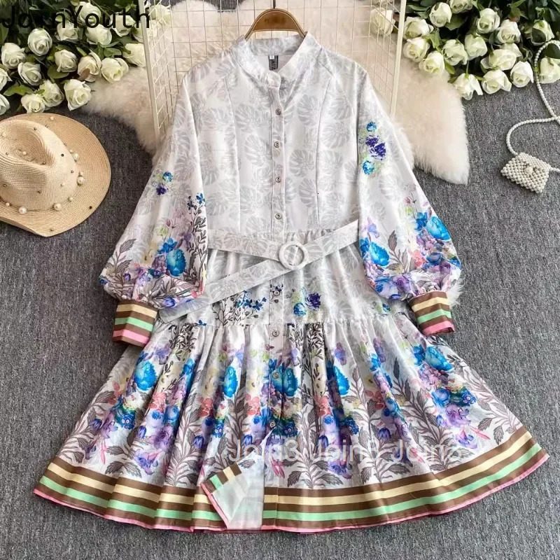 Temperament Robe Femme Vintage Korean Dresses for Women 2025 Vestidos De Mujer Lantern Sleeve Stand Neck A-line Floral Dress