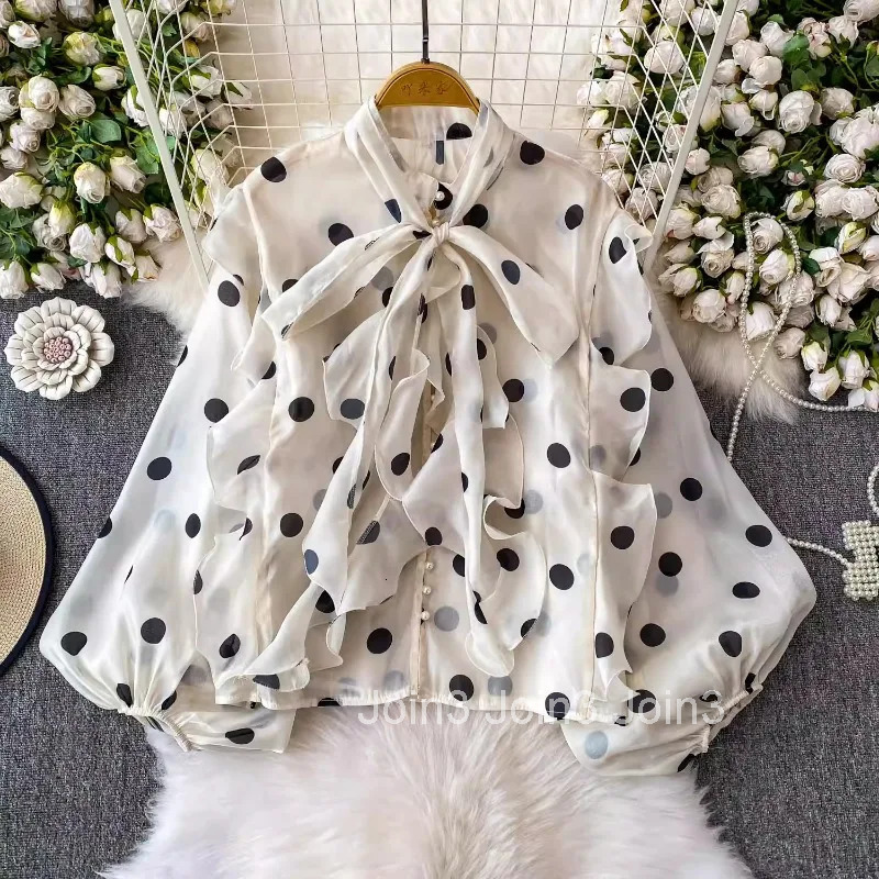 2025 Blusas Mujer De Moda Blouses for Women Stand Neck Bangage Lantern Sleeve Loose Shirts Vintage Polka Dot Ruffles Blouse Tops