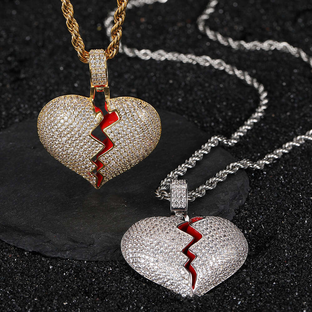 Hip Hop Jewelry Copper Inlaid Zircon Heart Trendy Brand Personality Unisex Couple Heartbreak Pendant Necklace 5b43