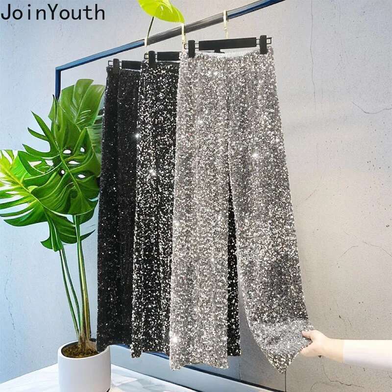 Heavy Sequin Wide Leg Pants Womens Clothing 2025 New Bottoms High Waist Tunic Straight Pantalon Femme Fashion Korean Trousers