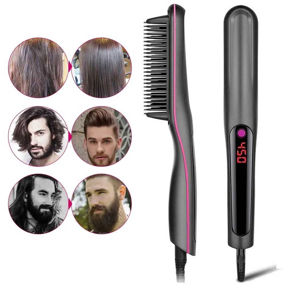 Professional Hair Straightener Brush Anti-Scald Feature Fast Heating Flat Iron Hot Comb Straightening Brush Hair Styler For MenXJ250621