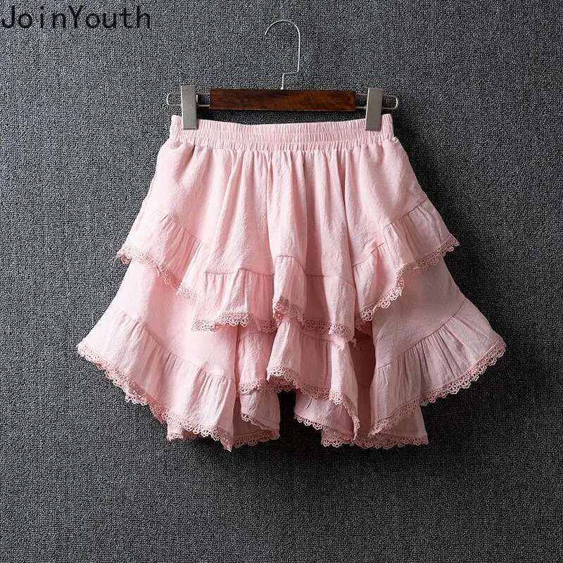 Summer Skirts Women Clothing 2025 Faldas Mujer De Moda Patchwork Lace Irregular Jupe Korean Saia Fashion Sweet White Mini Skirt