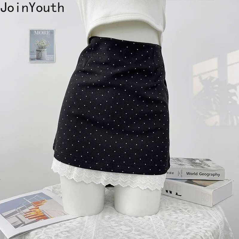 Bodycon Women Skirt 2025 Faldas Mujer De Moda High Waist Tunic Polka Dot Jupe Fashion Vintage Saia Patchwork Lace Mini Skirts
