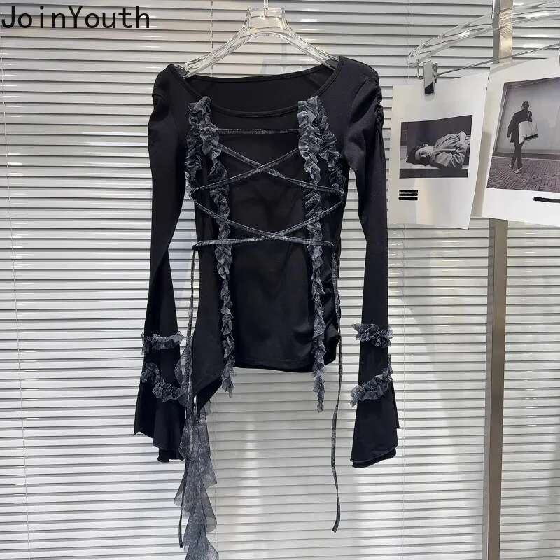 Y2k Tshirts Women Long Sleeve O-neck Tunic Tees Patchwork Gauze Ruffles Tassel Camisetas Fashion Sexy T-shirts 2025 Ropa Mujer