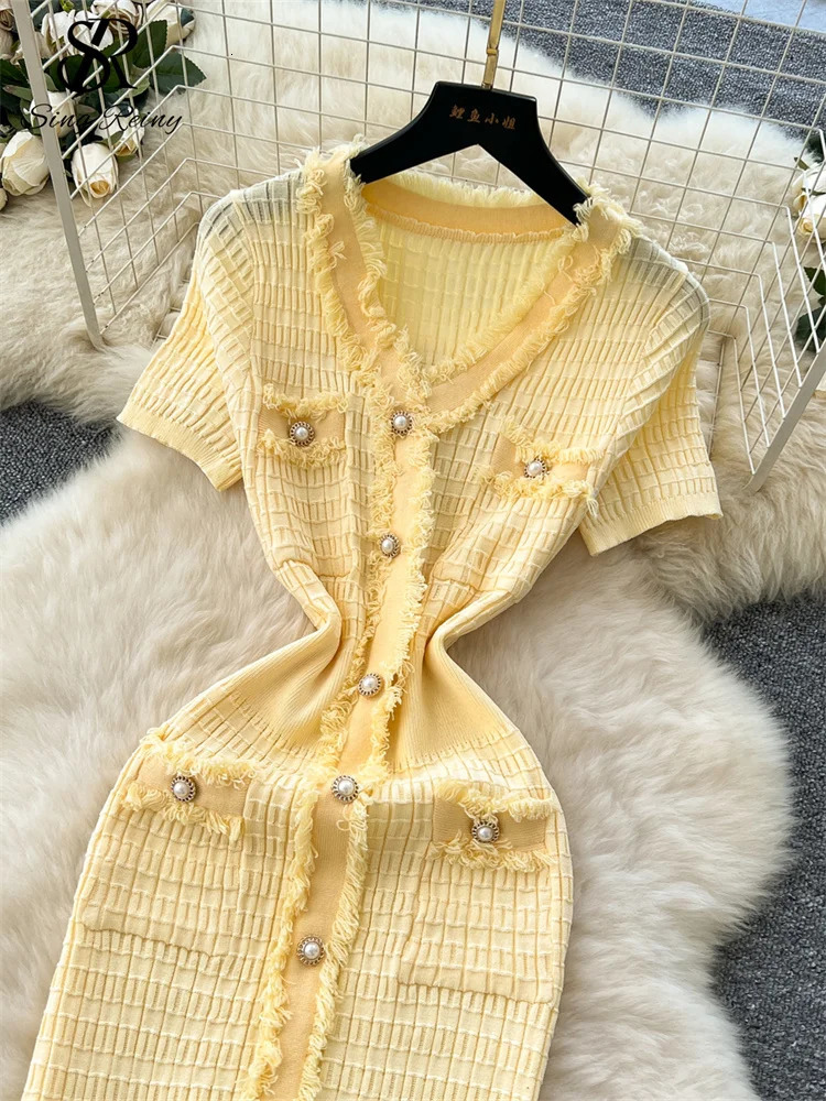 SINGREINY Workwear Elastic Knitted Dres Short Sleeves Single Breasted n 2025 Summer Korean Vintage Split LongDress 250616