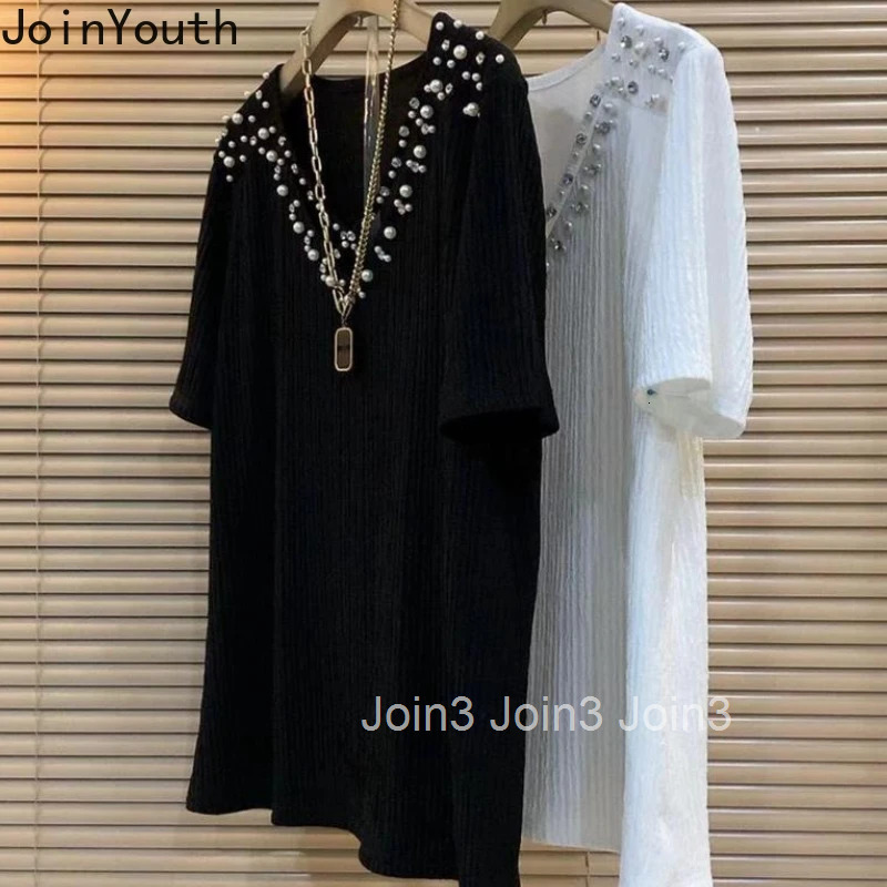 2025 Womens Clothes Oversized T Shirts Y2k Tops V-neck Beading Short Sleeve Tees Fashion Summer Camisetas Casual White T-shirt