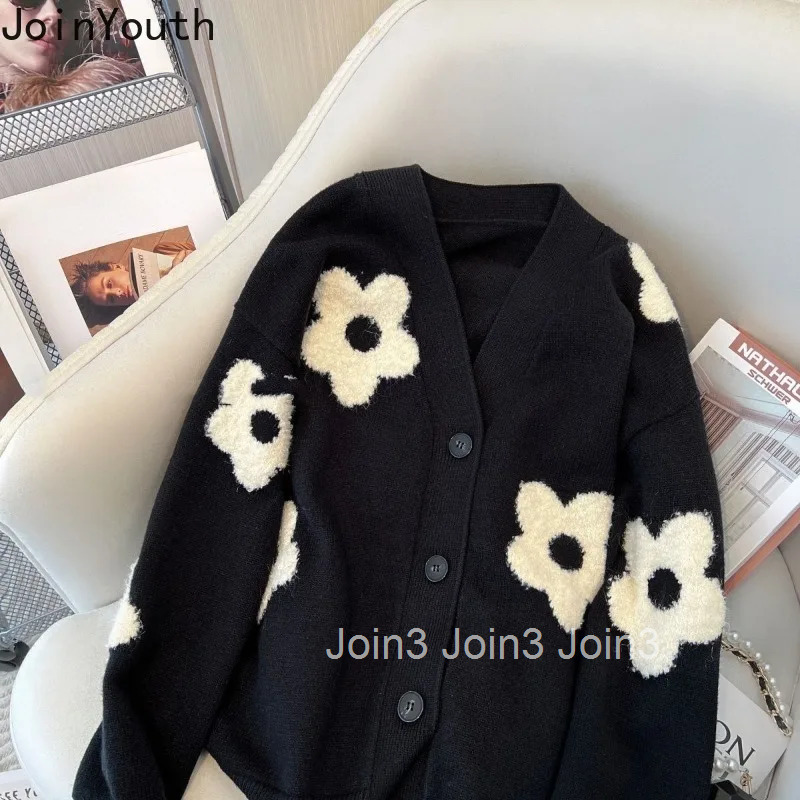 Floral Embroidery Cardigan Coat Winter Women Clothing Pull Femme V-neck Loose Knitted Sweater Tops Vintage Korean Sueter Mujer