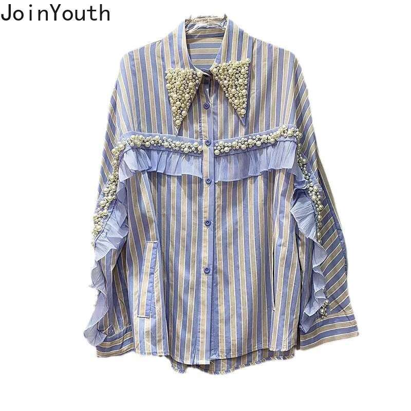 2025 Blusas Mujer De Moda Chic Striped Blouses Womens Clothing Long Sleeve Heavy Beading Loose Shirts Ruffles Sweet Blouse Tops