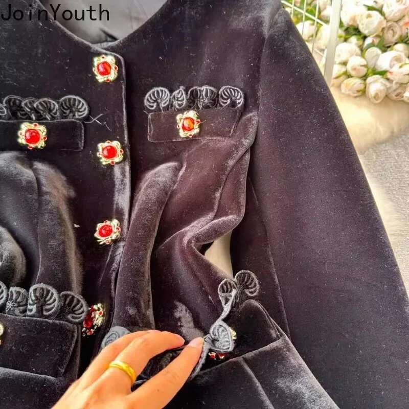 Vintage Two Piece Sets Women Outfits Women Clothes O-neck Belt Tunic Jackets Slim Waist Shorts Suit Roupas Femme Chic Velvet Set