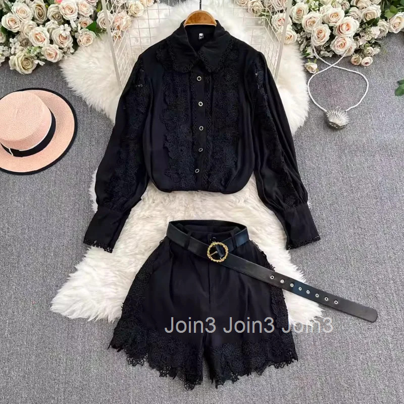Women Clothing Shorts Outfits Summer Two Piece Sets Long Sleeve Lace Shirt High Waist Wide Leg Shorts Suit Vintage Korean Set